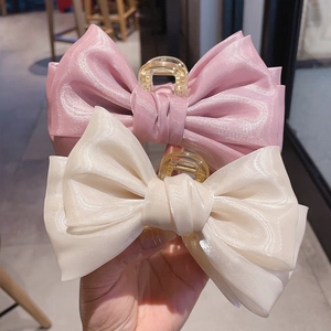 Large pink and cream tulle bow hair claws for women, elegant ribbon shark clip hairpins