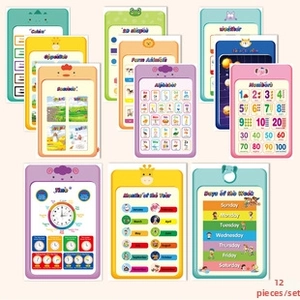 Detailed overview of 12 educational wall posters featuring animals, colors, and numbers