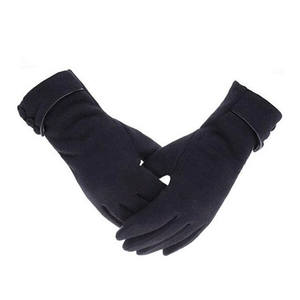 Close-up of black thermal fleece gloves with premium leather-trimmed elastic wrist cuffs