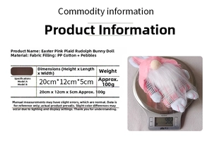 Detailed size chart and weight measurement for pink plaid Easter bunny gnome decor