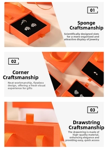 Detail view of orange jewelry box showing foam lining, precise edges and silk pull tab