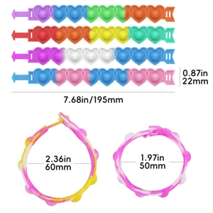 Colorful heart-shaped silicone fidget bracelets for kids showing dimensions and dimensions