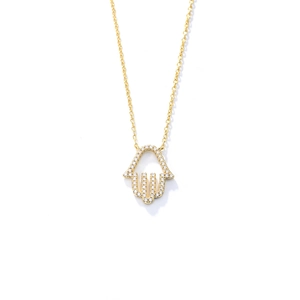 Golden s925 silver Hamsa hand necklace with micro-paved cubic zirconia on white background