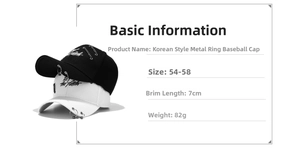 Detail view of cotton baseball caps with iron rings showing size 54-58cm and 7cm brim
