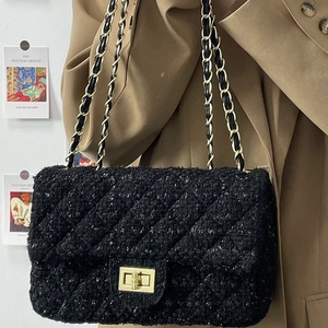 Retro Tweed Crossbody Bag With Diamond Lattice Pattern Golden Metal Chain Strap Flap Shoulder Bag For Women Daily Wear