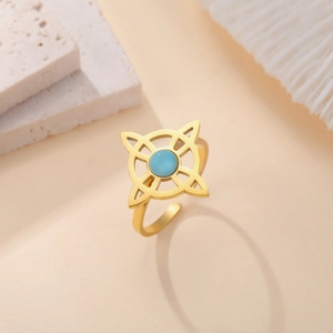 Detailed macro view of a gold-plated adjustable ring featuring a blue turquoise gemstone center