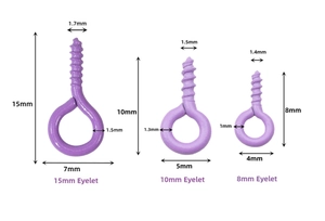 Close-up of three sizes of purple eye pins for DIY jewelry making accessories