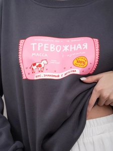 Detail eines grauen Sweatshirts mit rosa russischem Grafikdruck auf Baumwollstoff