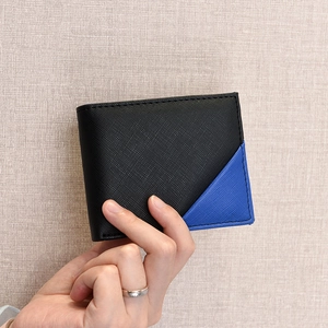 Men's bifold wallet with black and blue color-block design in cross-grain leather texture