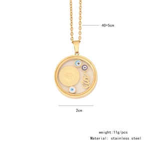 Detailed view of evil eye glass pendant with stainless steel chain and dimensions