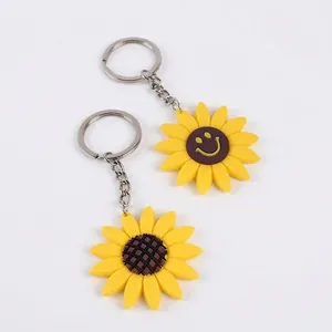 Sunflower PVC keychain set featuring smiley face and grid patterns with silver metal rings