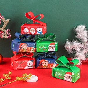 Christmas gift boxes with festive cartoon illustrations and decorative bow handles