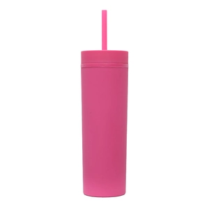 Detail of pink matte 16oz double-layer plastic tumbler with matching lid and straw