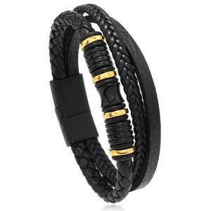 Three-layer braided black leather bracelet with gold metal beads and magnetic clasp