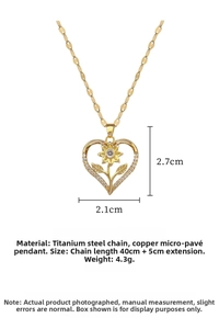 Detail view of heart sunflower pendant necklace with zircon and titanium steel chain