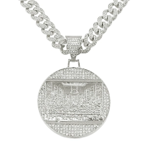 Macro shot of silver hip hop pendant featuring the Last Supper relief with crystal details