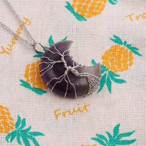 Silver tree of life wire wrapped purple amethyst crescent moon stone pendant necklace