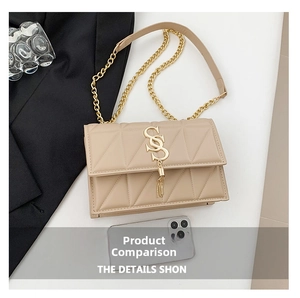 Detailed close-up of beige quilted PU shoulder bag with gold chain and tassel detail