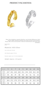 Detailed size guide for S925 sterling silver ring with irregular texture and dimensions