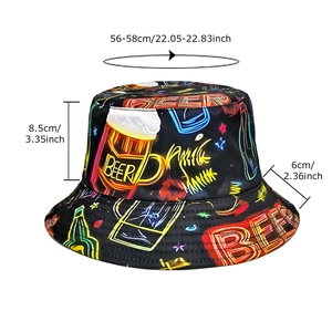 Black bucket hat with neon BEER print and double-sided design for sun protection