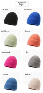 Fine knit beanie hats available in eight vibrant colors including black, blue and orange
