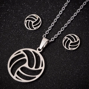 Parure de bijoux volleyball en acier inoxydable poli avec collier et boucles d'oreilles