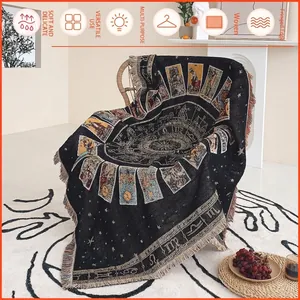 Bohemian Tarot Astrology Sun Zodiac Woven Cotton Blanket Throw With Tassels For Sofa Bed Camping Picnic Wall Hanging