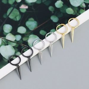 Three pairs of S925 sterling silver spike earrings in black, silver, and gold finishes
