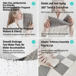 Modular non-slip TPE bathroom mat with drainage holes in grey and white colors