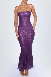 Detail of sequin texture and fishtail hem on this purple strapless evening dress