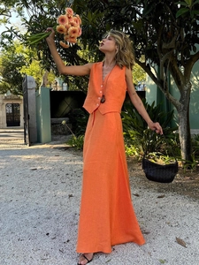 Women's orange cotton linen V-neck vest and high waist maxi skirt two-piece set