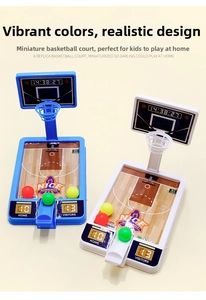 Detail of tabletop mini basketball game set with launcher, hoops, and scoring system