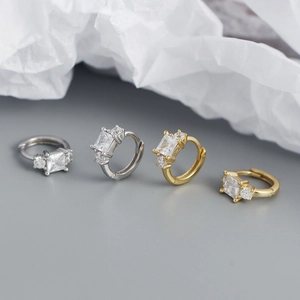 S925 silver hoop earrings with geometric square zircon stones in gold and silver finish