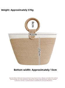 Detailed view of handmade woven cotton tote bag with dimensions and sturdy handles