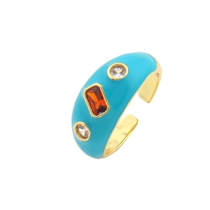 Anello regolabile in smalto blu con bordo dorato e pietre di zircone colorate