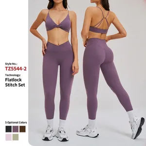 Set da Yoga da Donna in Poliammide Spazzolata Reggiseno Sportivo Intrecciato E Leggings Vita Incrociata Alta Elasticità Top E Pantaloni