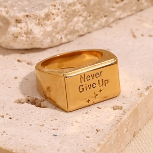 Detail view of 18K gold plated square signet ring engraved with Never Give Up text