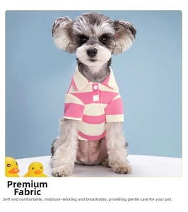 Pink and white striped polo shirt for dogs showing breathable mesh fabric and collar detail