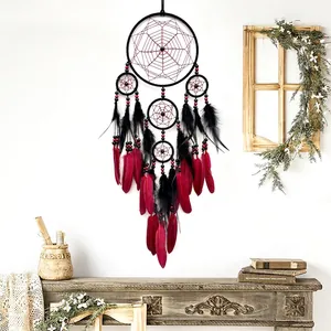 Attrape-Rêve Indien Fait Main Plumes Décoration Murale Bohême Multi-Anneaux Perles Maison Chambre Ornement