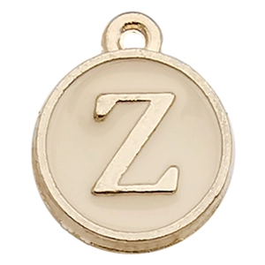 Round gold-plated alphabet charm with white enamel featuring letter Z for DIY jewelry