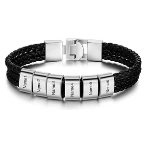 Detail of men's triple-layer leather bracelet with six customizable silver metal beads