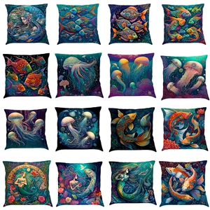Ocean Series Mermaid Whale Jellyfish Pattern Square Throw Cushion Covers Artistic Linen Blend Velvet Decor For Sofa Bed Car
