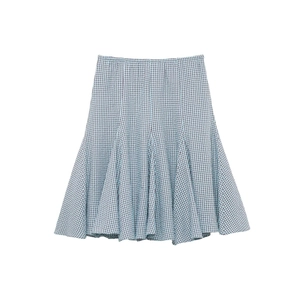 Blue and brown checkered A-line midi skirt with high waist and large flared hemline