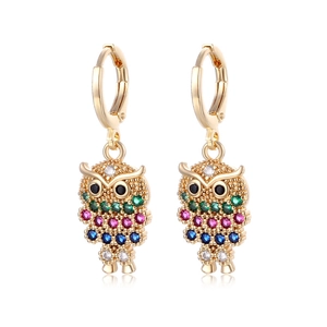 Golden owl hoop earrings with colorful micro-pave zircons and sparkling crystals