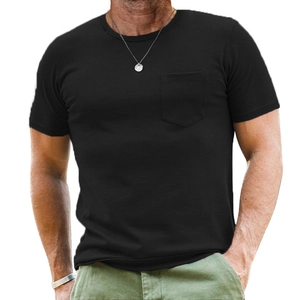 Close-up of black cotton Henley shirt featuring a functional chest pocket and neat stitching