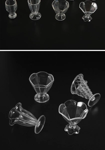 Detailed close-up of various miniature transparent plastic cups for DIY dollhouse crafts