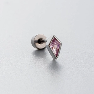 Titanium steel kite pink zircon stud earring with screw back and polished silver finish