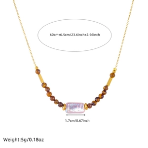Golden stainless steel chain necklace with tiger eye beads and pearl pendant, 60cm length
