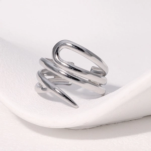 Minimalist silver multilayer spiral stainless steel ring with irregular geometric design
