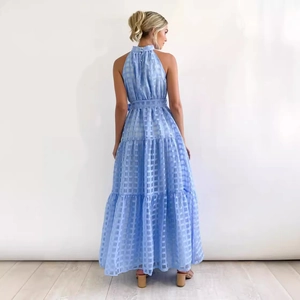 Light blue plaid tiered maxi dress with backless design and sleeveless long flowy skirt